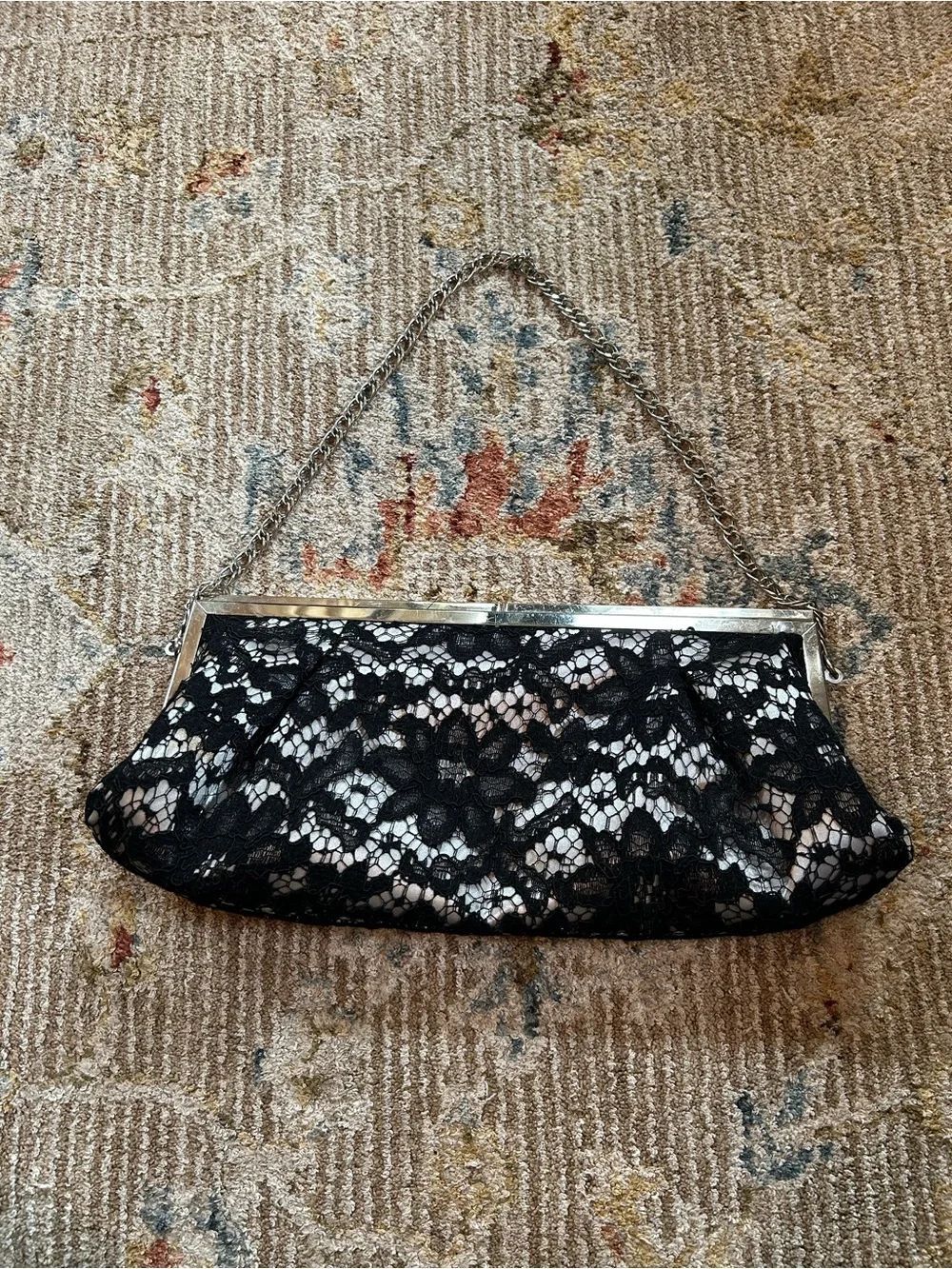 White House Black Market Black Lace Clutch with Silver Frame